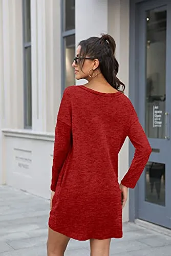 Alaster Women’s Casual Tunic V Neck Sweater Dress Long Sleeve Pullover Red Sweater Dress with Pockets for Women