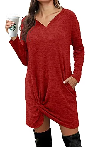 Alaster Women’s Casual Tunic V Neck Sweater Dress Long Sleeve Pullover Red Sweater Dress with Pockets for Women
