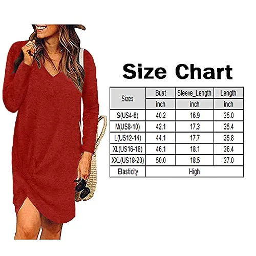 Alaster Women’s Casual Tunic V Neck Sweater Dress Long Sleeve Pullover Red Sweater Dress with Pockets for Women
