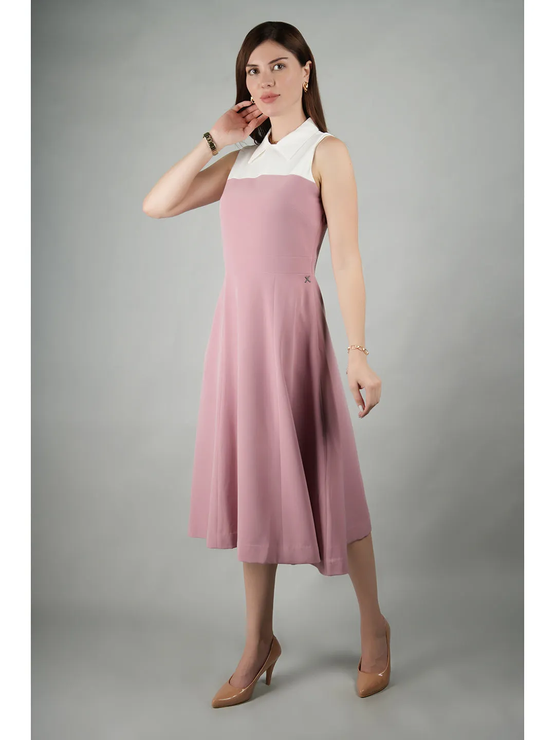 Blush Pink Blended Fabric Bronzed Color Block Dress