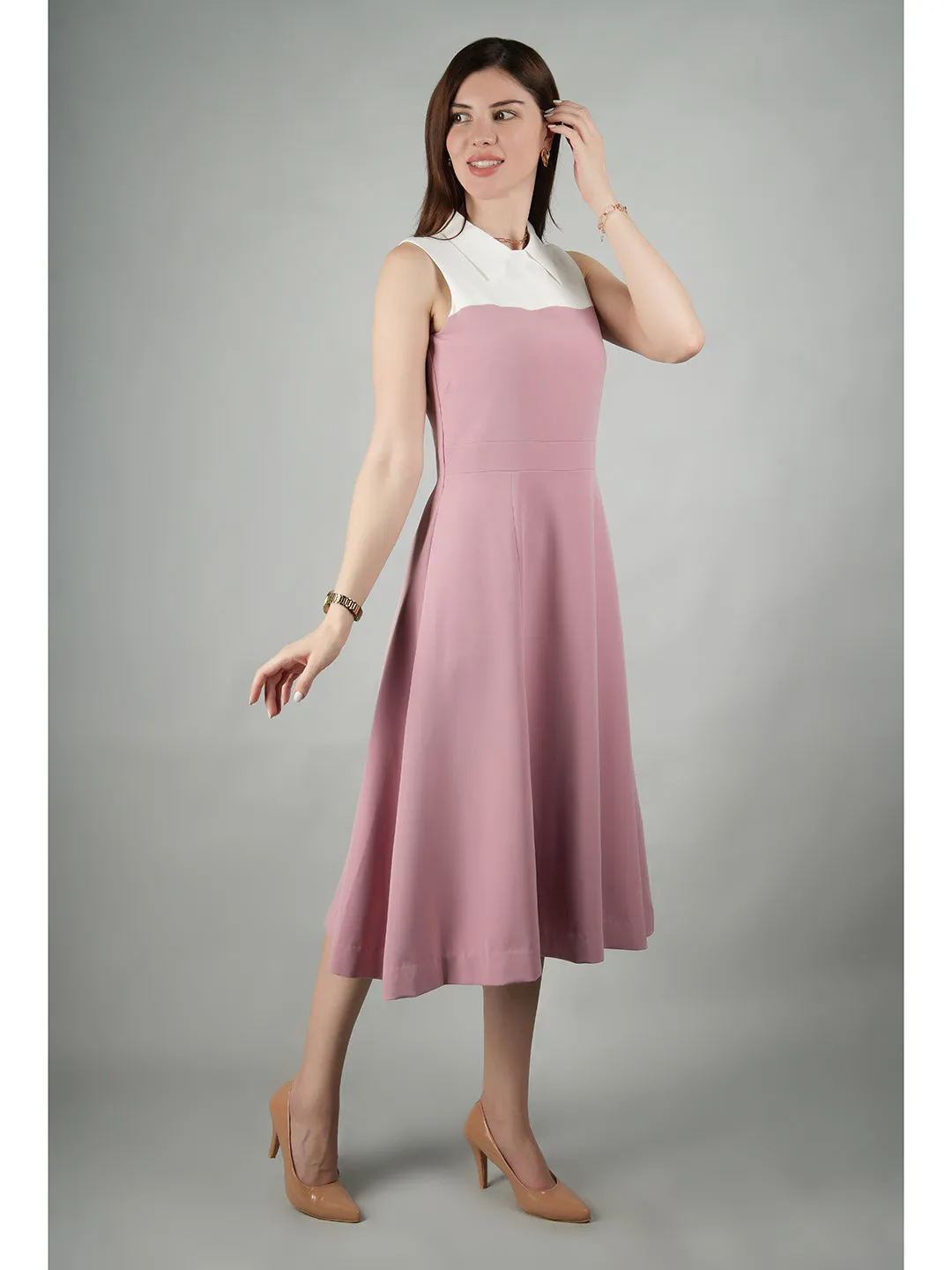 Blush Pink Blended Fabric Bronzed Color Block Dress