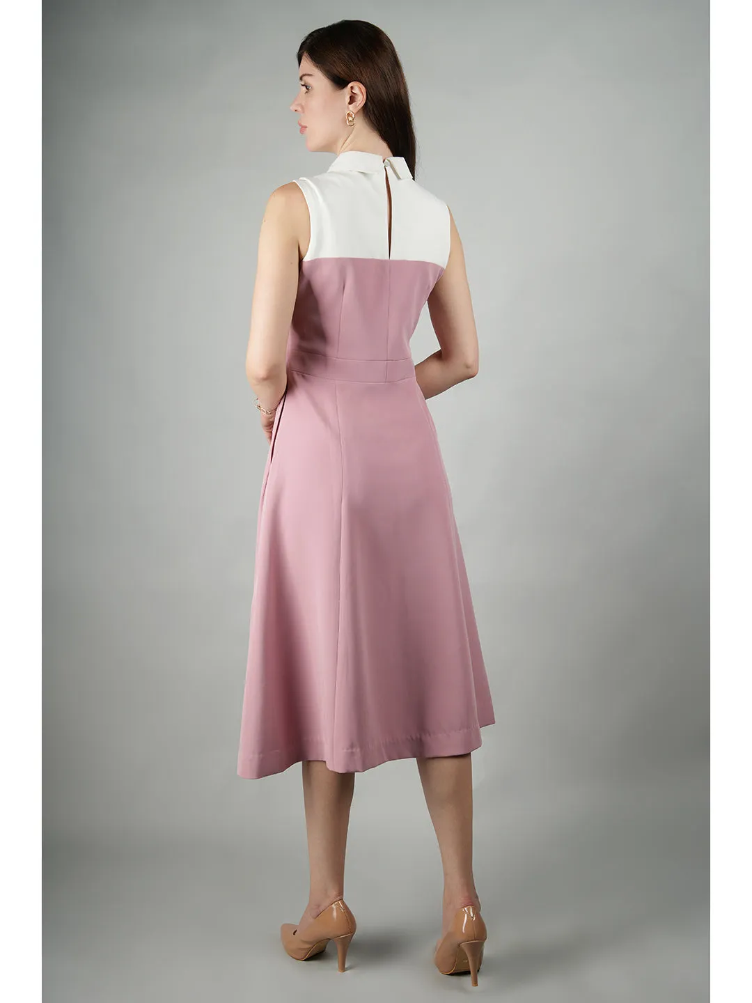 Blush Pink Blended Fabric Bronzed Color Block Dress