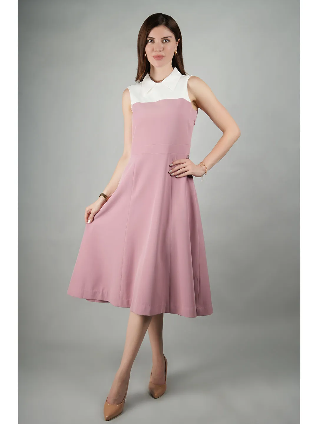 Blush Pink Blended Fabric Bronzed Color Block Dress