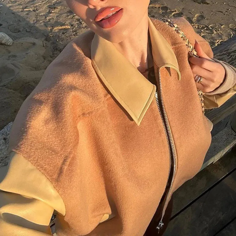 Fashion Vintage Winter Jacket Women PU Leather Patchwork Streetwear Warm Autumn Coat Zip Up Contrast Outwear Jackets