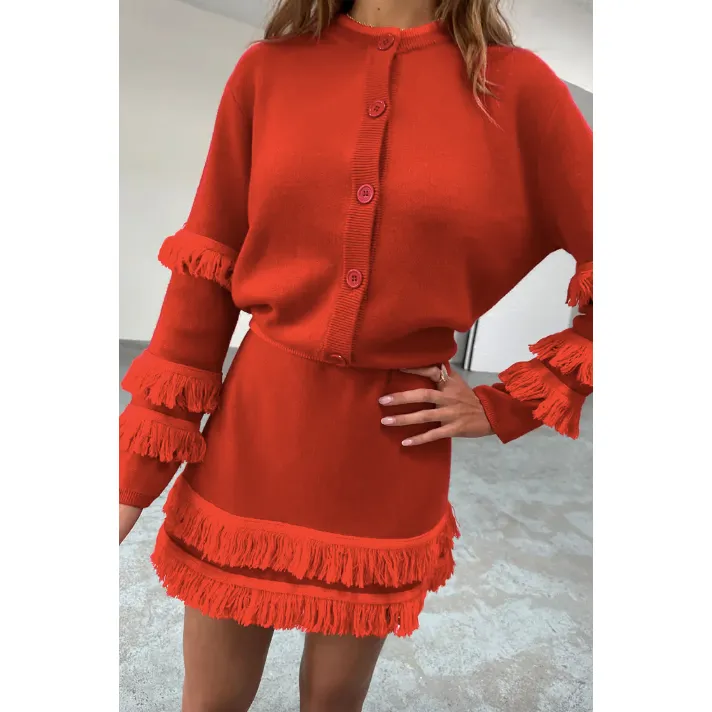 Fringed Knit Holly Cardigan Red