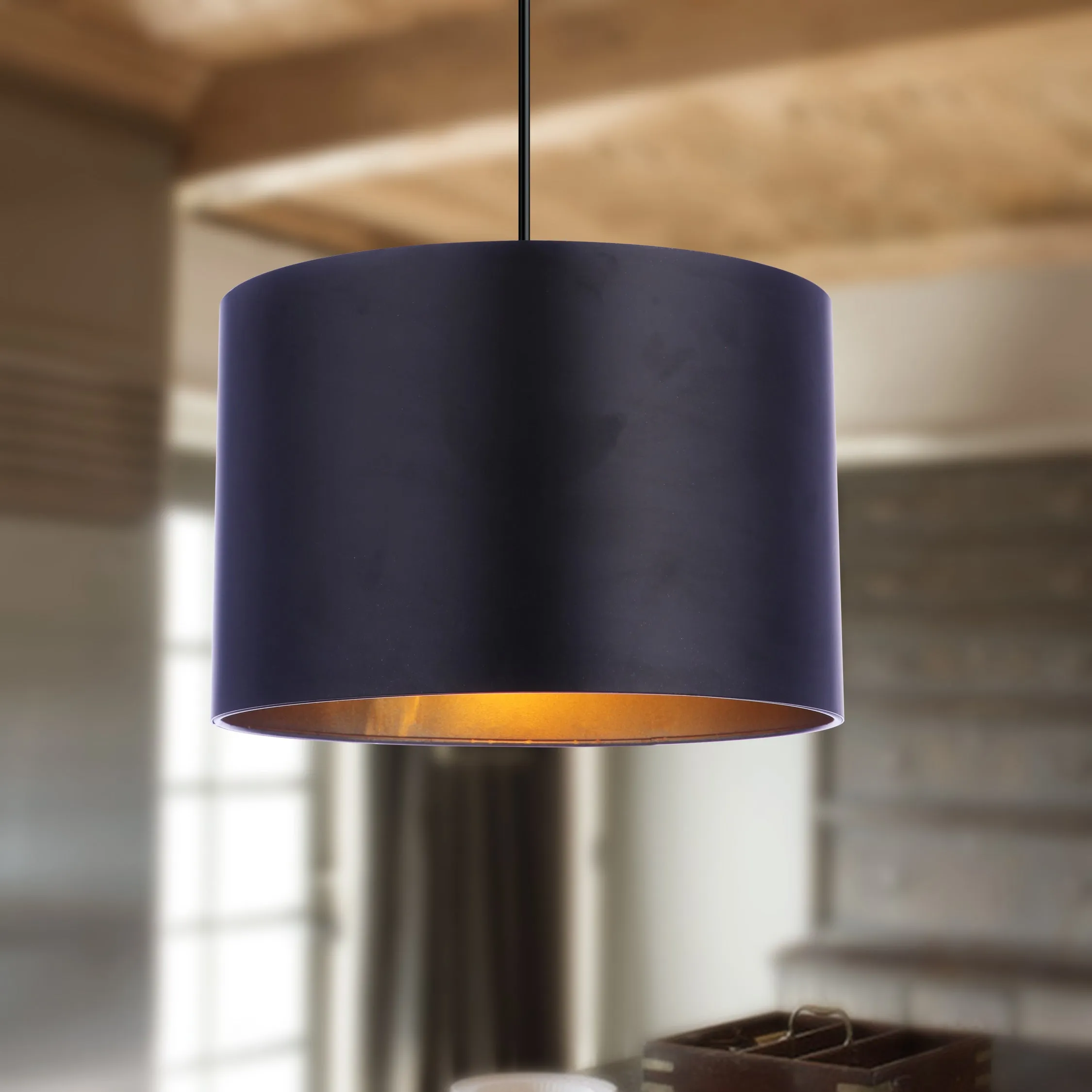 Large Matte Black & Gold Metal Drum Shade Instant Pendant Recessed Can Conversion Kit