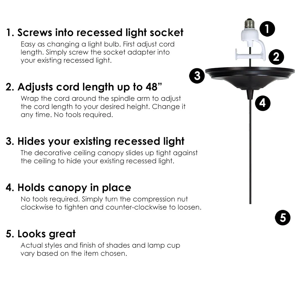 Large Matte Black & Gold Metal Drum Shade Instant Pendant Recessed Can Conversion Kit