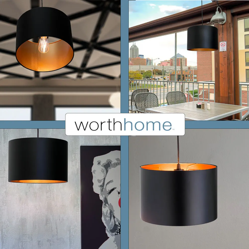 Large Matte Black & Gold Metal Drum Shade Instant Pendant Recessed Can Conversion Kit