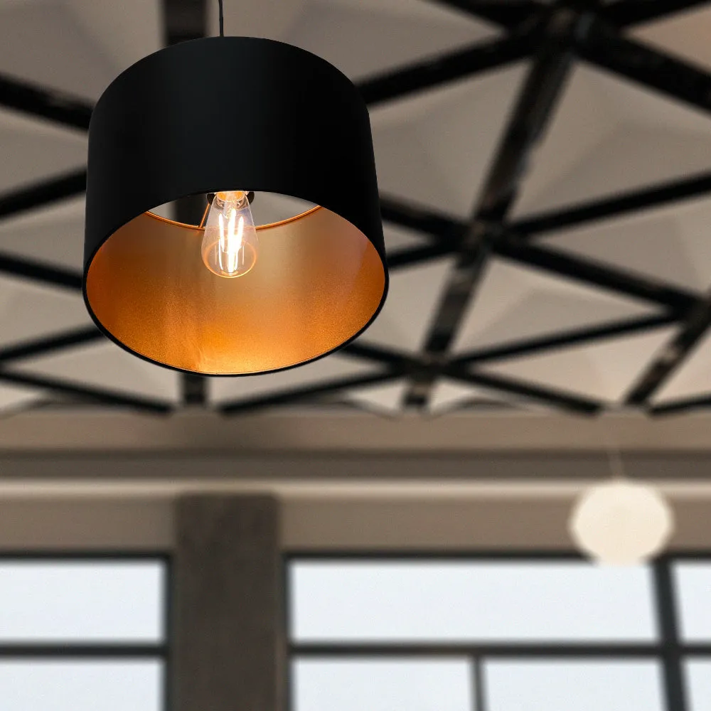 Large Matte Black & Gold Metal Drum Shade Instant Pendant Recessed Can Conversion Kit