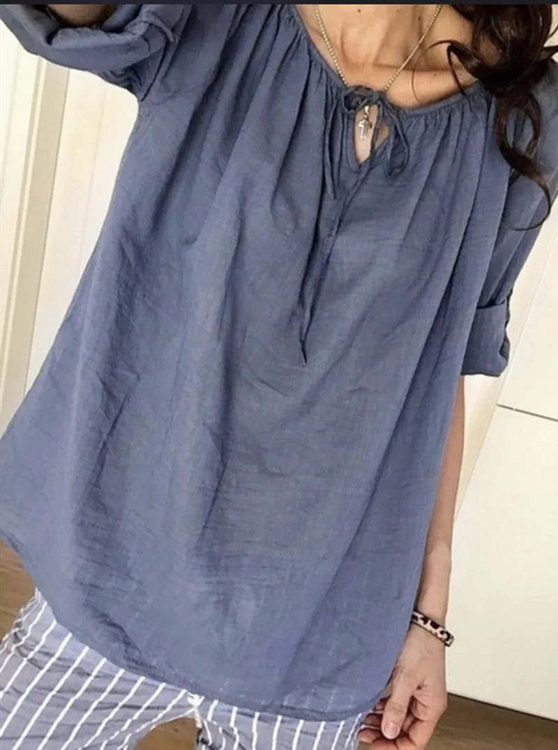 Popular Europe Women Shirt Solid Colored Trendy V-Neck Long Sleeved Tops Blouse