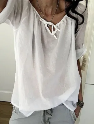 Popular Europe Women Shirt Solid Colored Trendy V-Neck Long Sleeved Tops Blouse