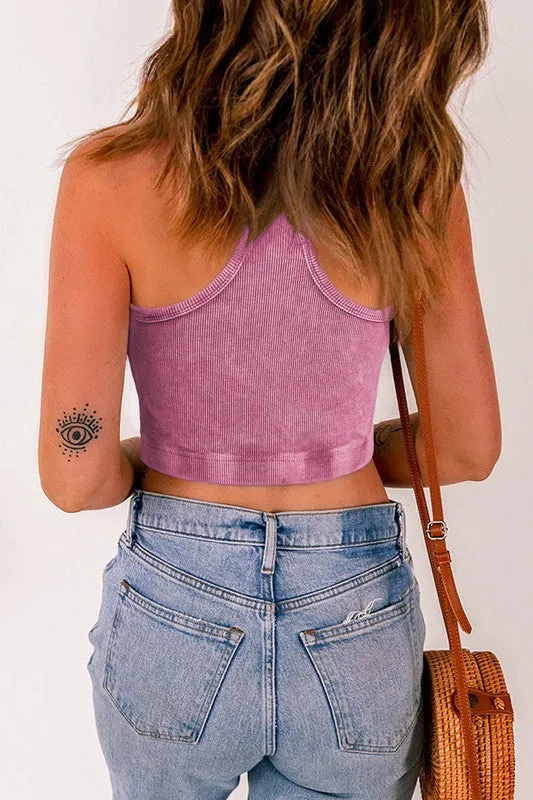 Ribbed Mineral Wash Racerback Cropped Tank Top with Bra Pads - ALL SALES FINAL