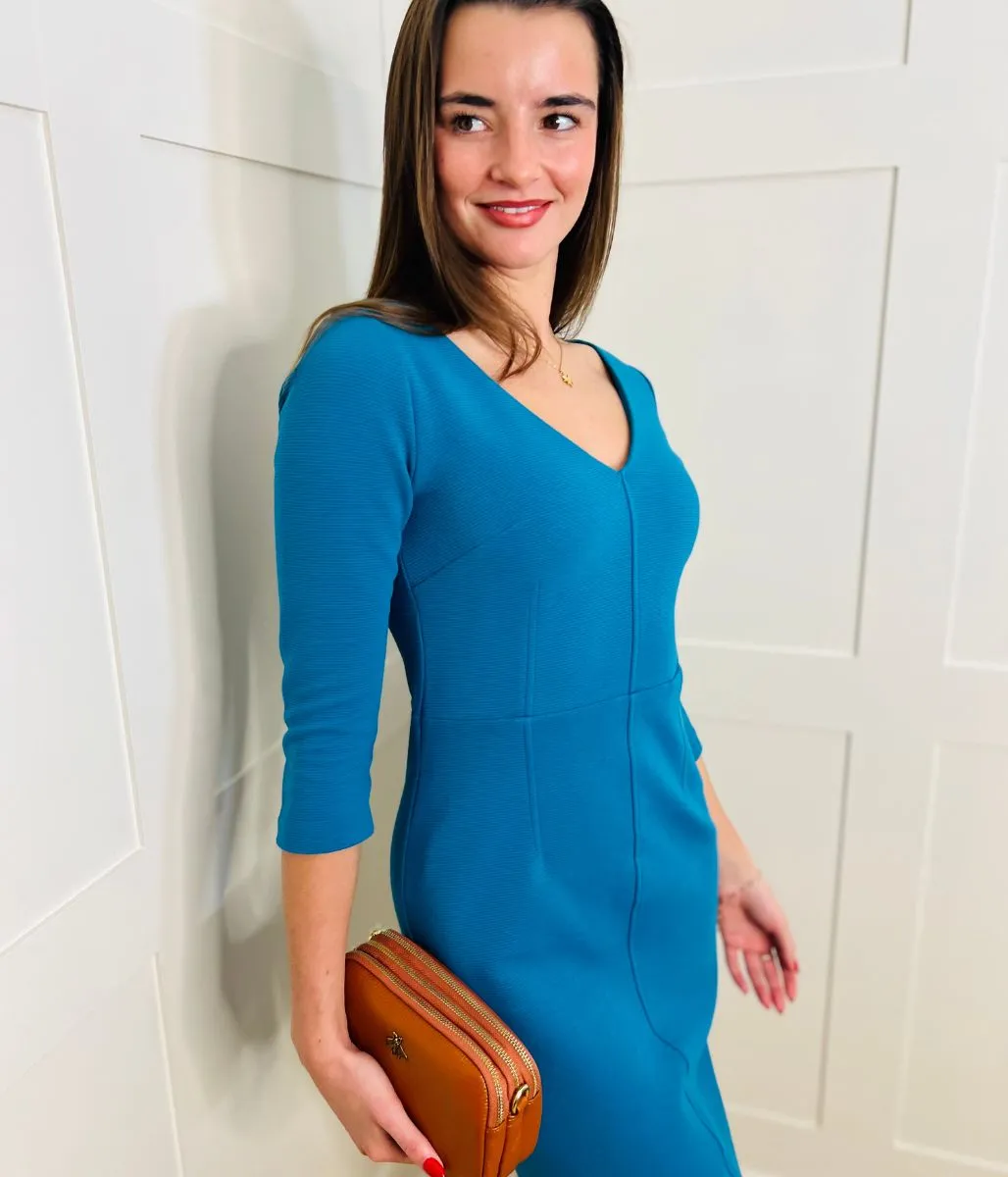 Teal Ottoman Ribbed V Neck Dress