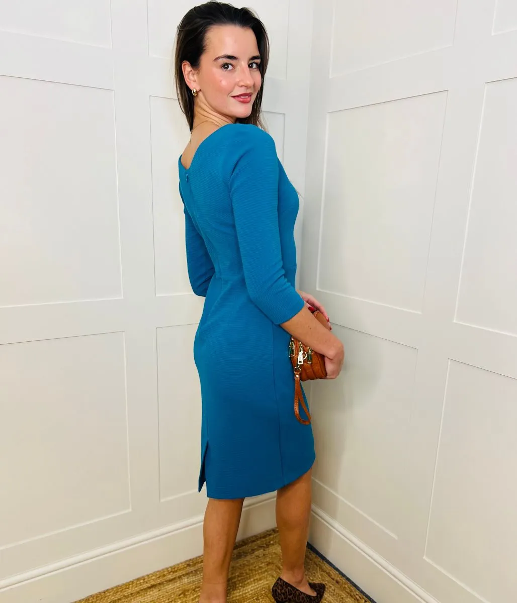 Teal Ottoman Ribbed V Neck Dress