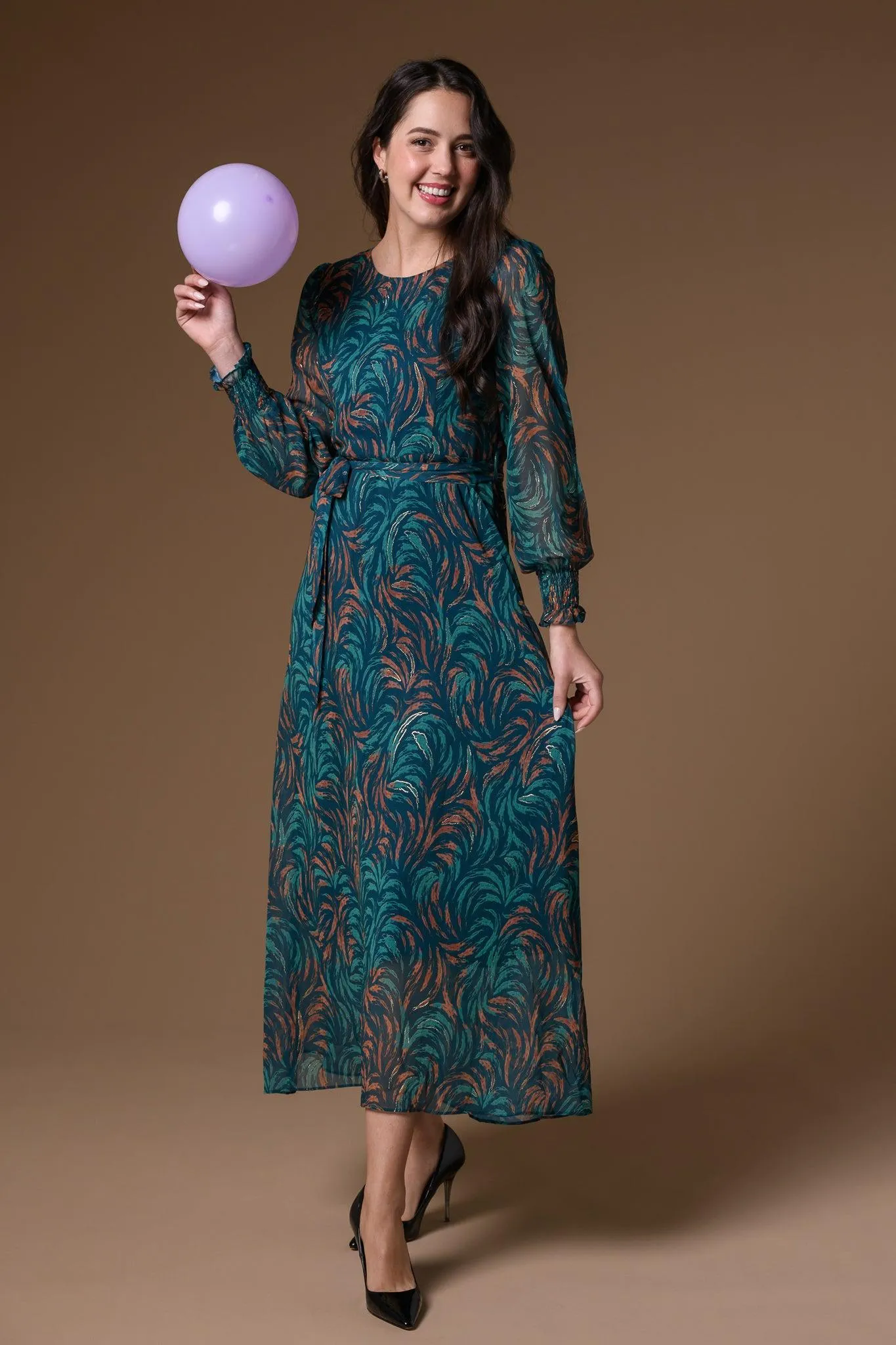 Teal Print Chiffon Dress - Teal