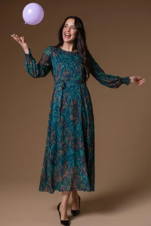 Teal Print Chiffon Dress - Teal