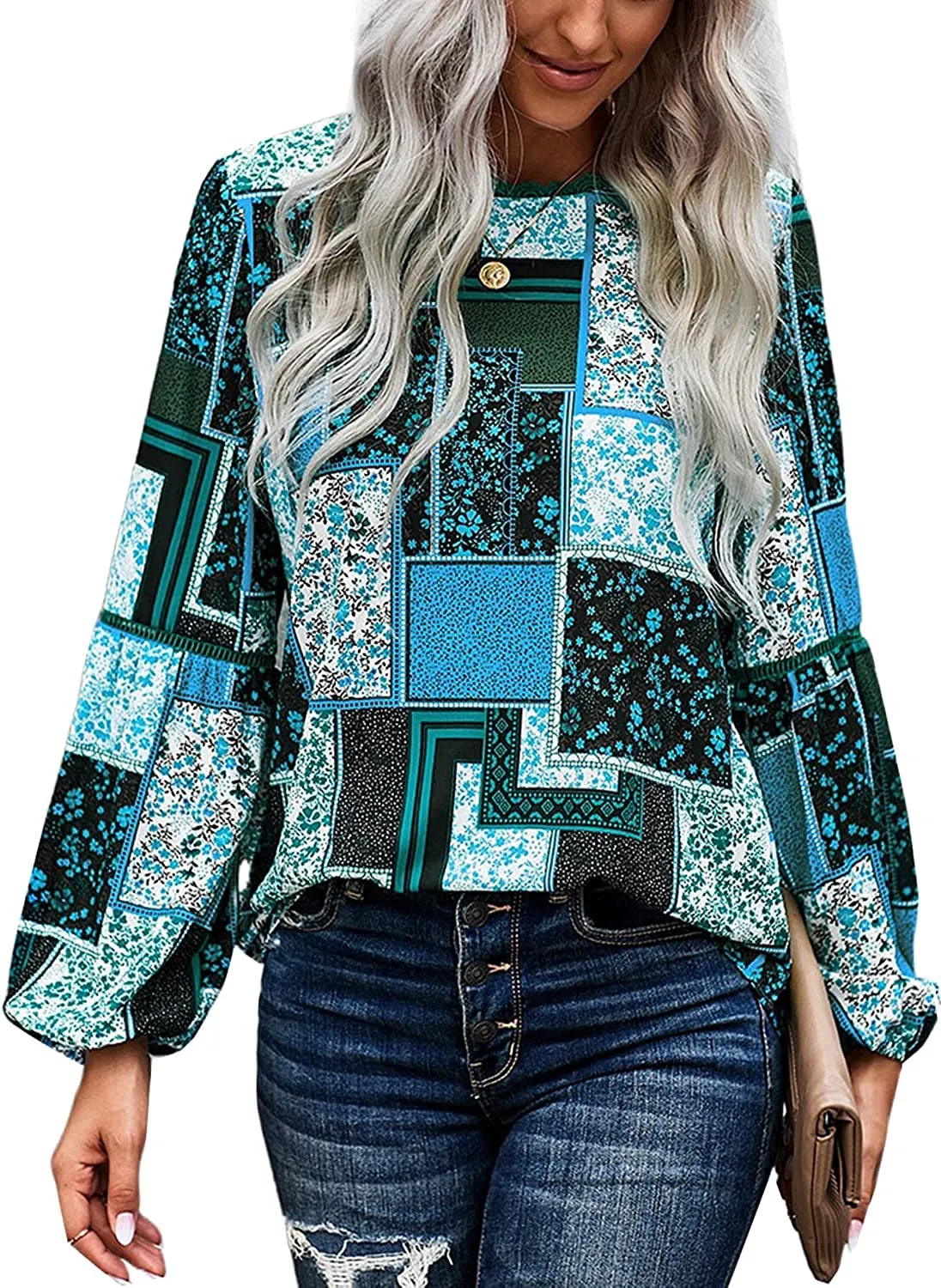 Women's Casual Boho Floral Printed round Neck Long Sleeve Shirt Loose Blouses Tops