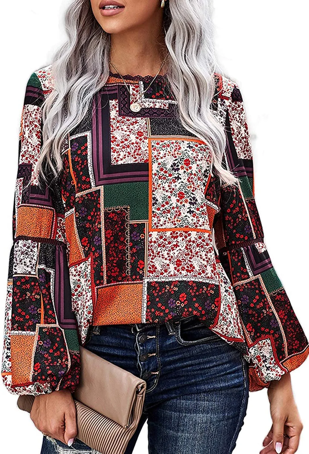 Women's Casual Boho Floral Printed round Neck Long Sleeve Shirt Loose Blouses Tops
