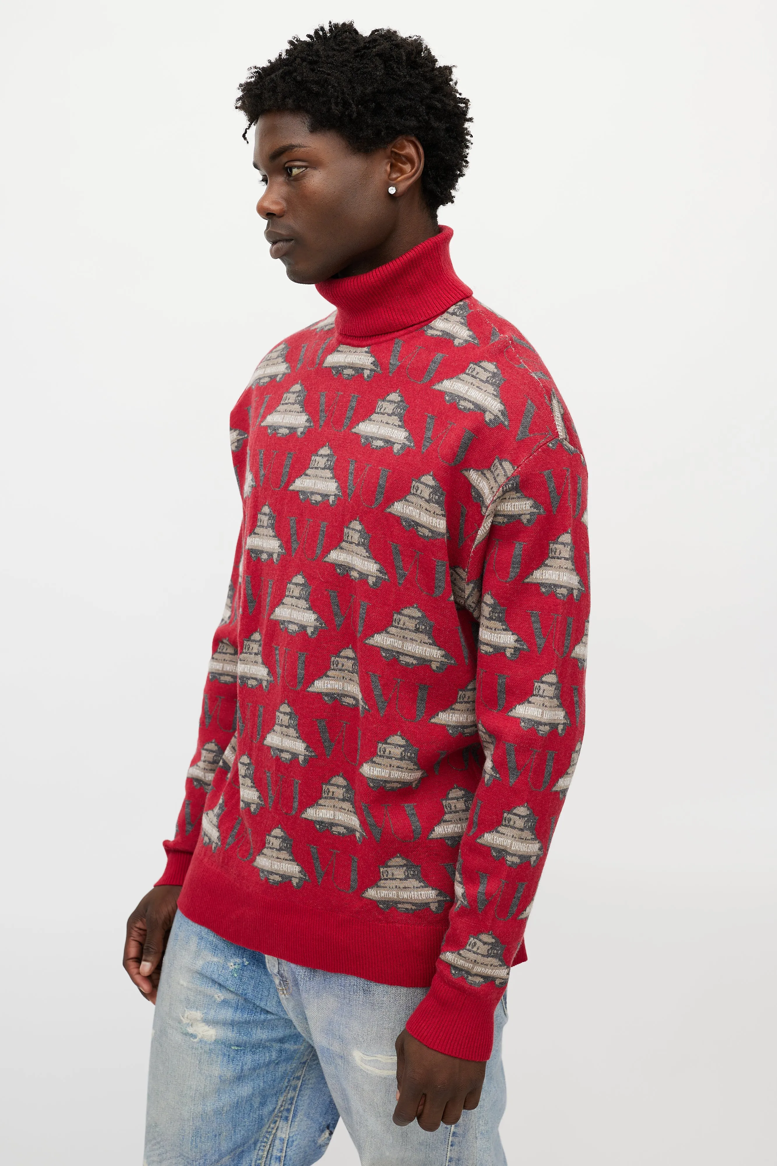 X Undercover Red & Grey UFO Knit Turtleneck