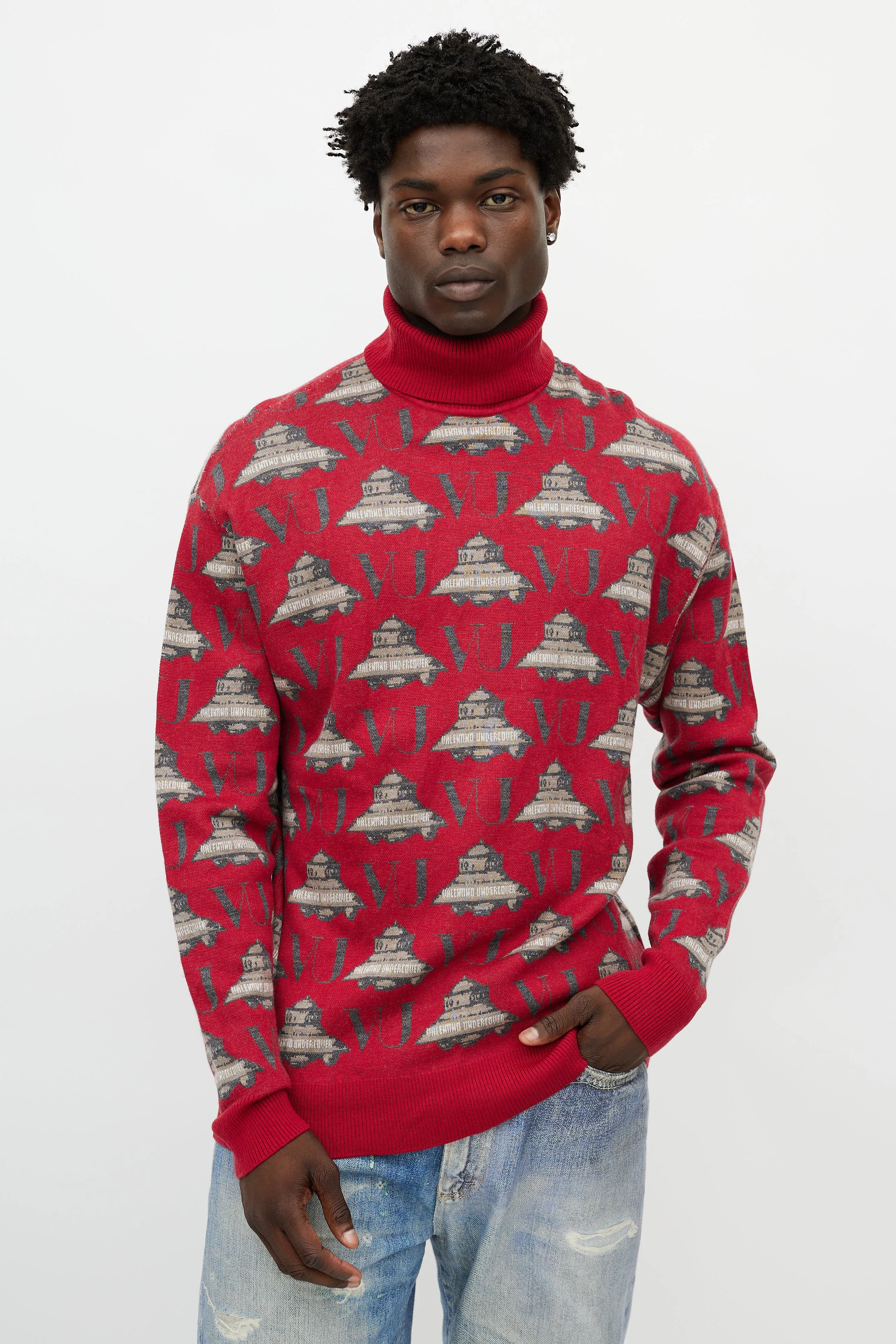 X Undercover Red & Grey UFO Knit Turtleneck